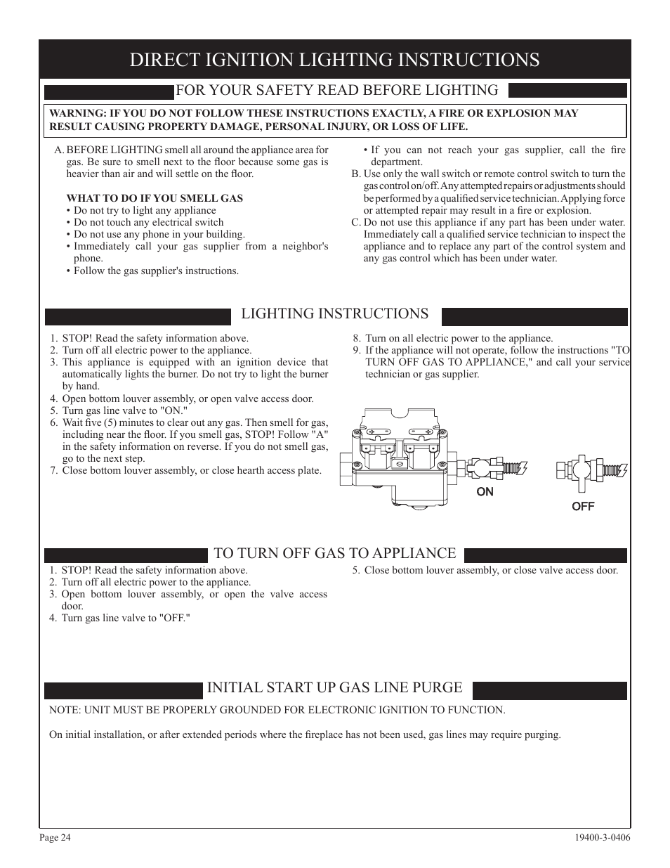 Direct ignition lighting instructions, Initial start up gas line purge | Empire Comfort Systems BVD36FP32 User Manual | Page 24 / 40