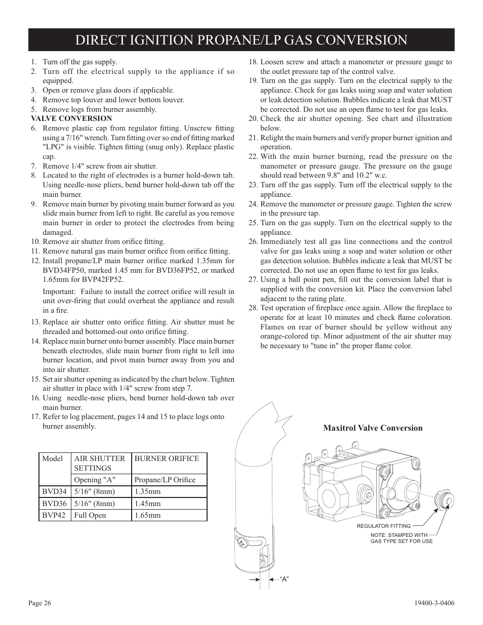 Direct ignition propane/lp gas conversion | Empire Comfort Systems BVD36FP32 User Manual | Page 26 / 40