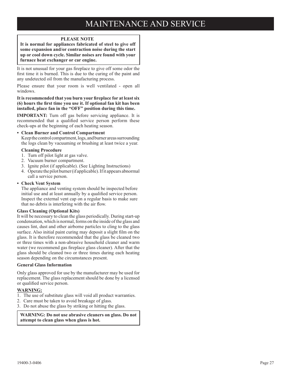 Maintenance and service | Empire Comfort Systems BVD36FP32 User Manual | Page 27 / 40