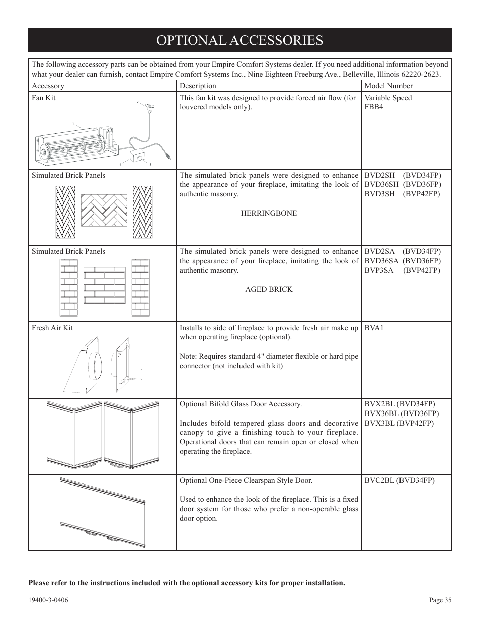 Optional accessories | Empire Comfort Systems BVD36FP32 User Manual | Page 35 / 40
