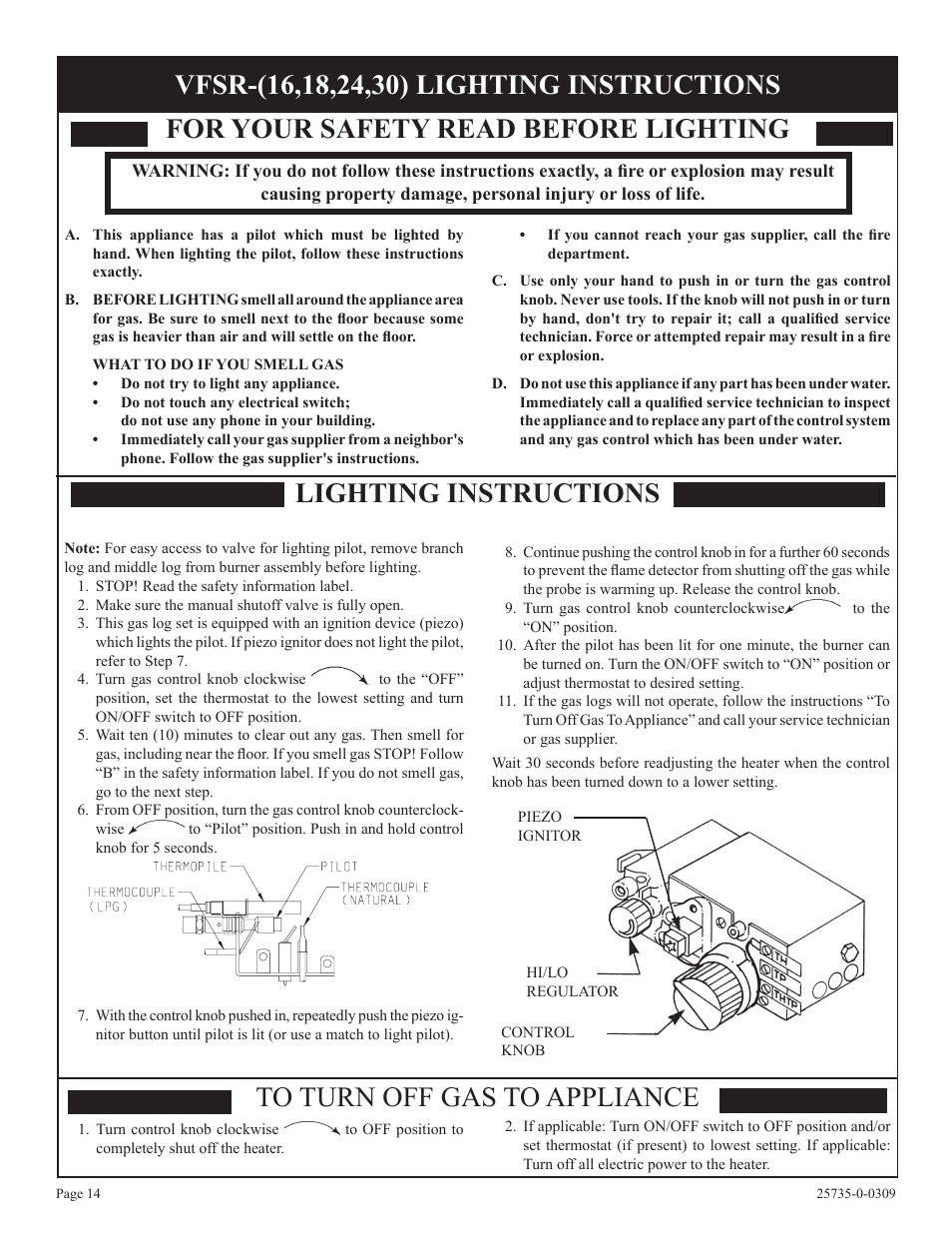 For your safety read before lighting, Lighting instructions to turn off gas to appliance | Empire Comfort Systems VFSM-18-3  EN User Manual | Page 14 / 24