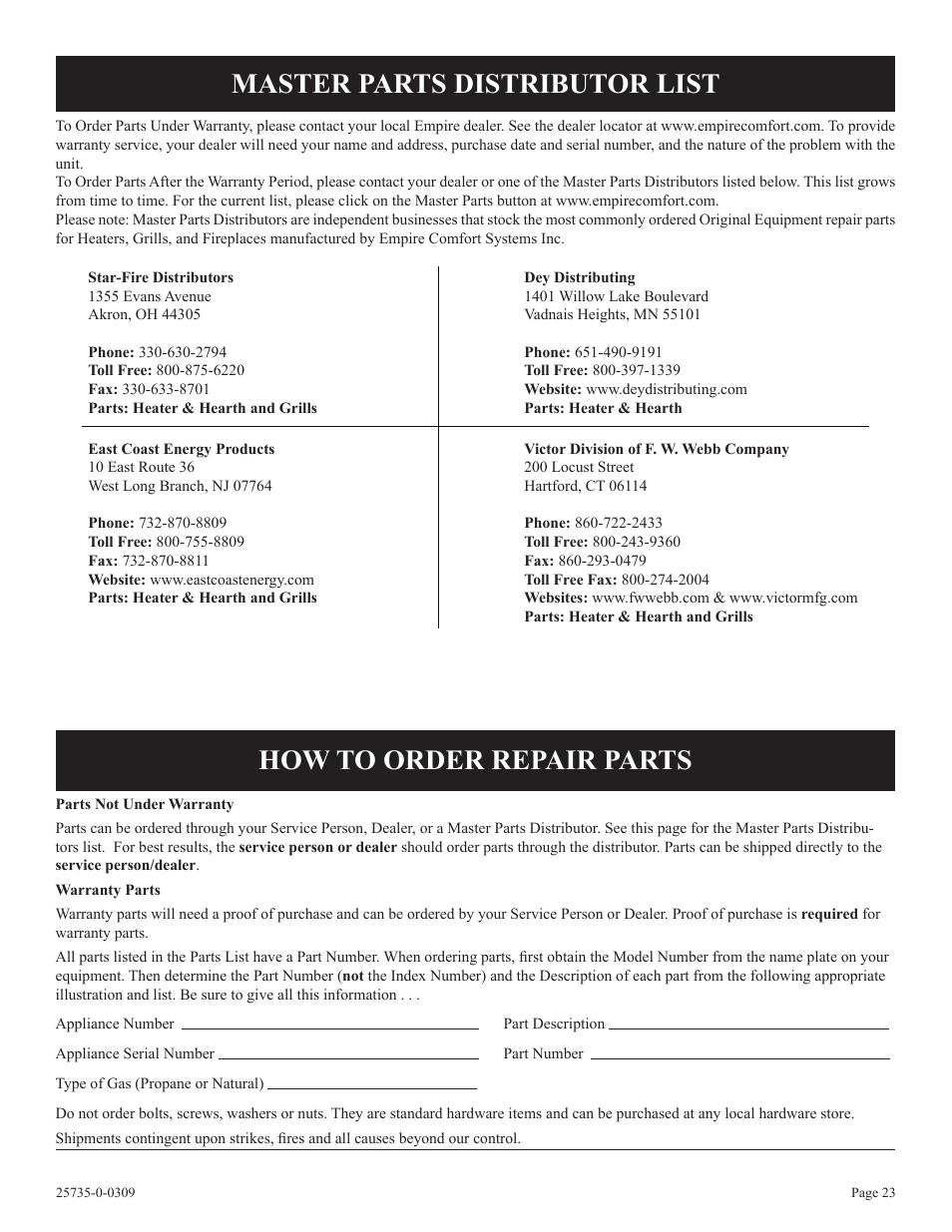 Master parts distributor list, How to order repair parts | Empire Comfort Systems VFSM-18-3  EN User Manual | Page 23 / 24