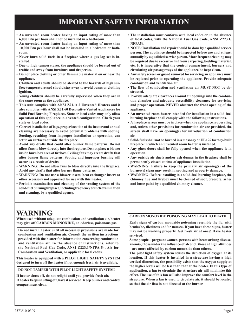 Warning, Important safety information | Empire Comfort Systems VFSM-18-3  EN User Manual | Page 3 / 24
