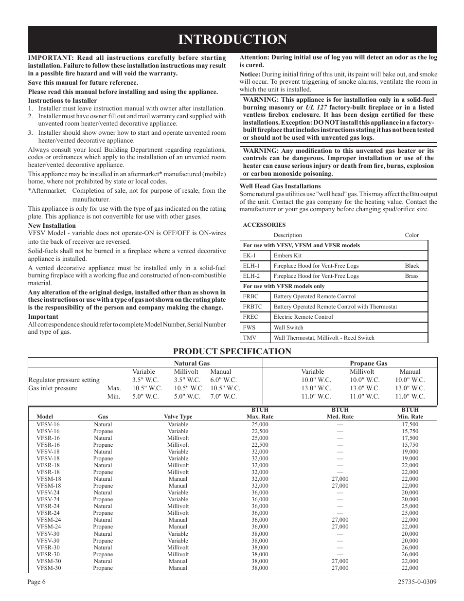 Introduction, Product specification | Empire Comfort Systems VFSM-18-3  EN User Manual | Page 6 / 24