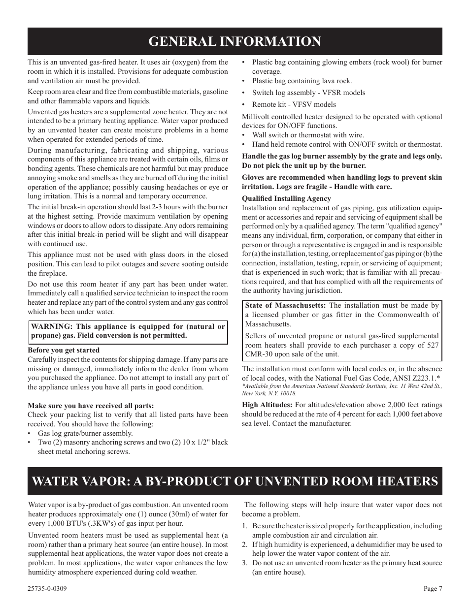 General information, Water vapor: a by-product of unvented room heaters | Empire Comfort Systems VFSM-18-3  EN User Manual | Page 7 / 24