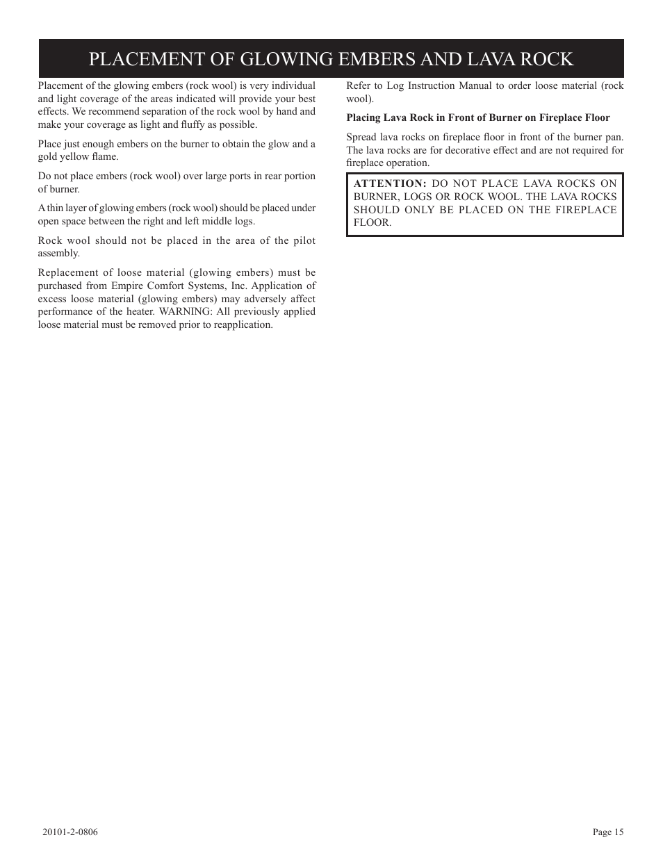 Placement of glowing embers and lava rock | Empire Comfort Systems VFP32FP(20,21)L User Manual | Page 15 / 28