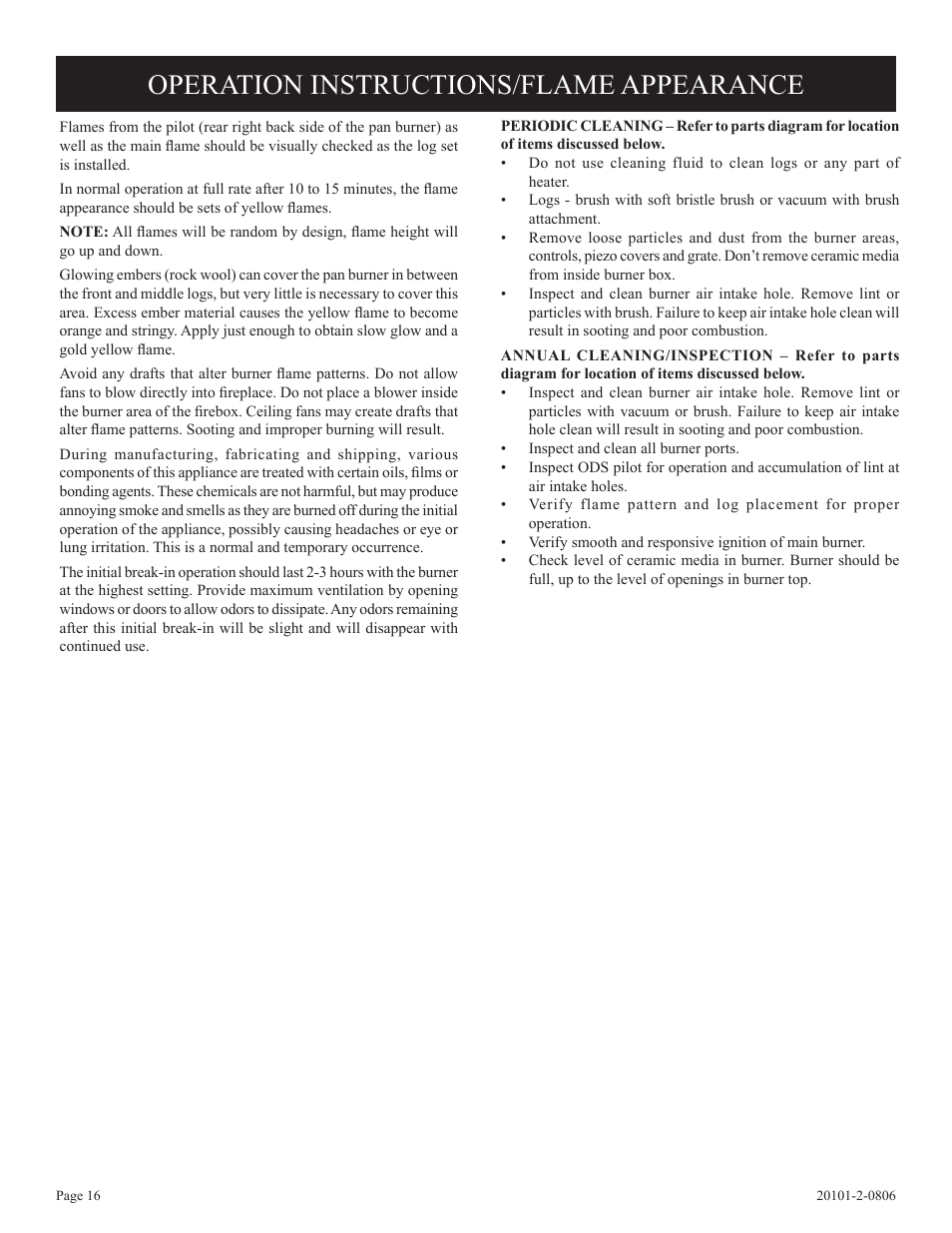 Operation instructions/flame appearance | Empire Comfort Systems VFP32FP(20,21)L User Manual | Page 16 / 28
