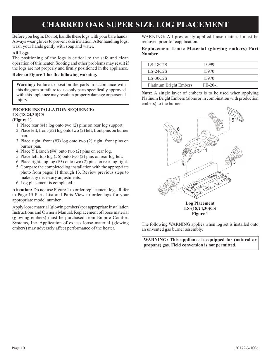 Charred oak super size log placement | Empire Comfort Systems LS-24C2S-1 User Manual | Page 10 / 16