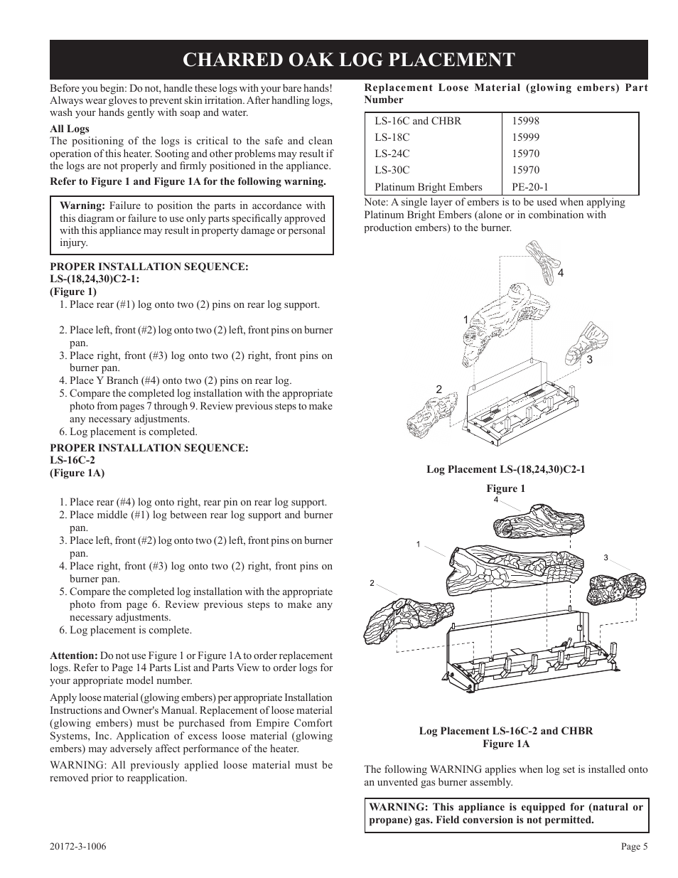 Charred oak log placement | Empire Comfort Systems LS-24C2S-1 User Manual | Page 5 / 16