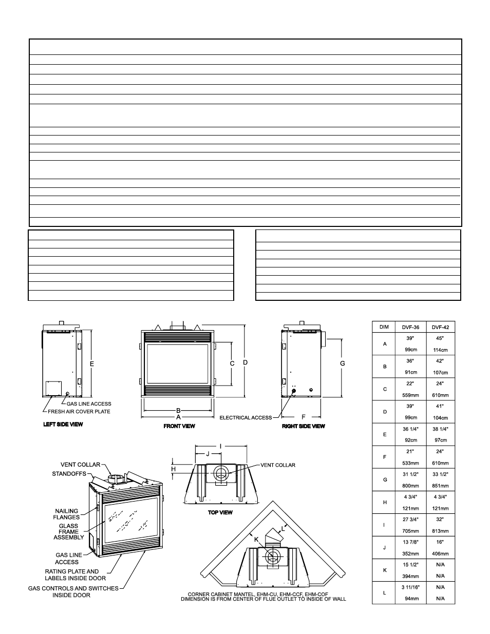 Specifications, Fireplace dimensions model dvf-36/dvf-42, Model dvf-36/dvf-42 | Empire Comfort Systems DVF-42-2 User Manual | Page 4 / 39