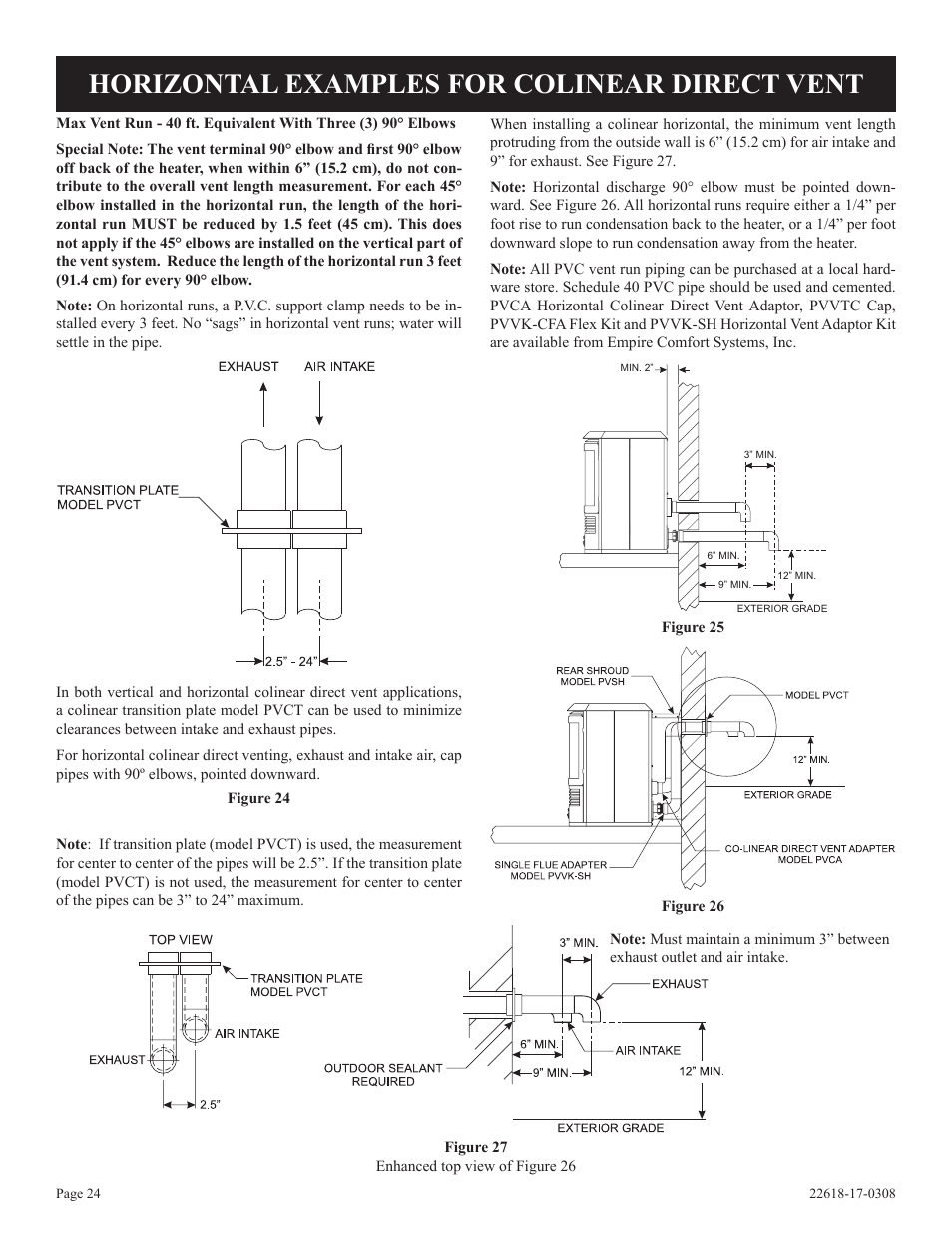 Horizontal examples for colinear direct vent | Empire Comfort Systems PV-28SV55-CN User Manual | Page 24 / 56