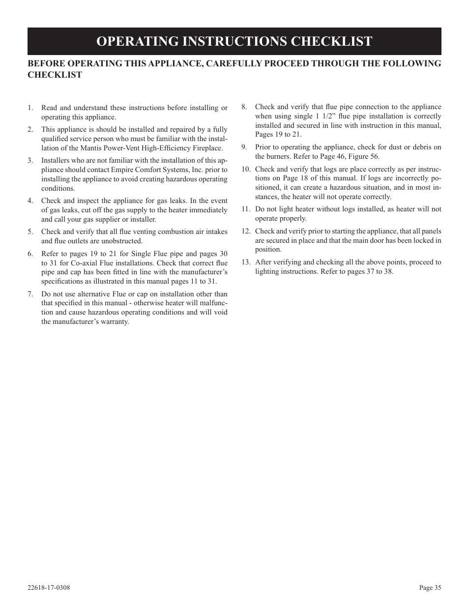 Operating instructions checklist | Empire Comfort Systems PV-28SV55-CN User Manual | Page 35 / 56