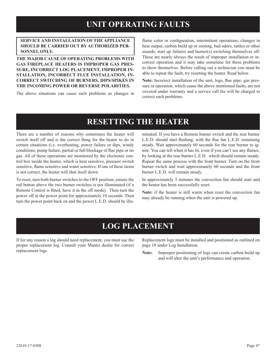 Unit operating faults, Resetting the heater, Log placement | Empire Comfort Systems PV-28SV55-CN User Manual | Page 47 / 56