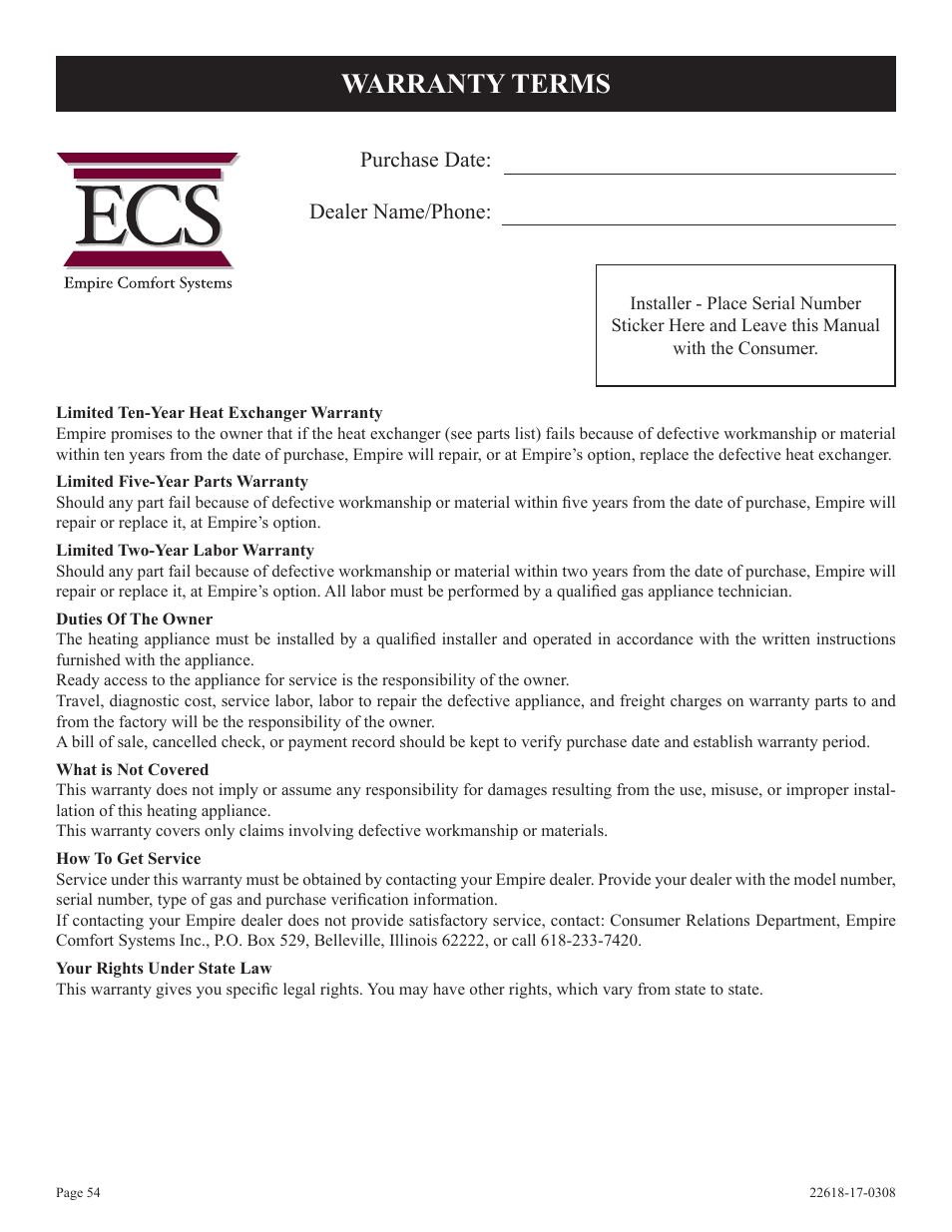 Warranty terms | Empire Comfort Systems PV-28SV55-CN User Manual | Page 54 / 56