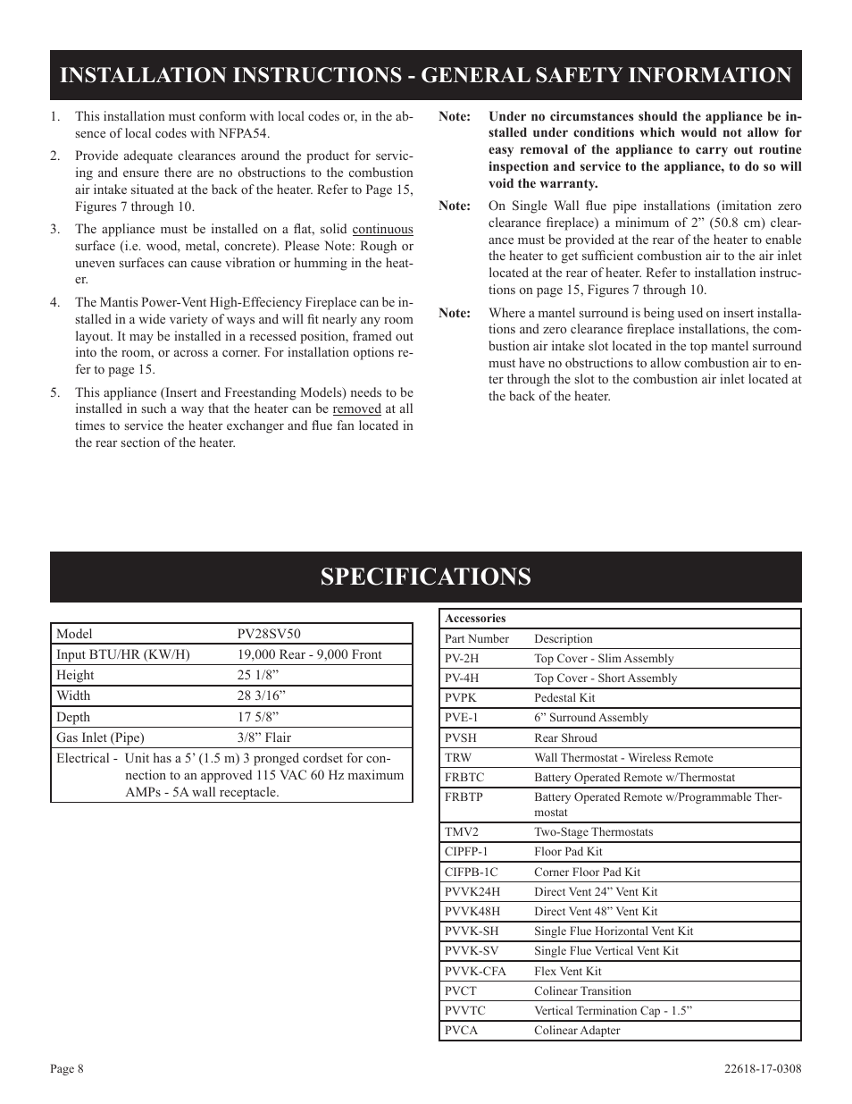 Specifications | Empire Comfort Systems PV-28SV55-CN User Manual | Page 8 / 56