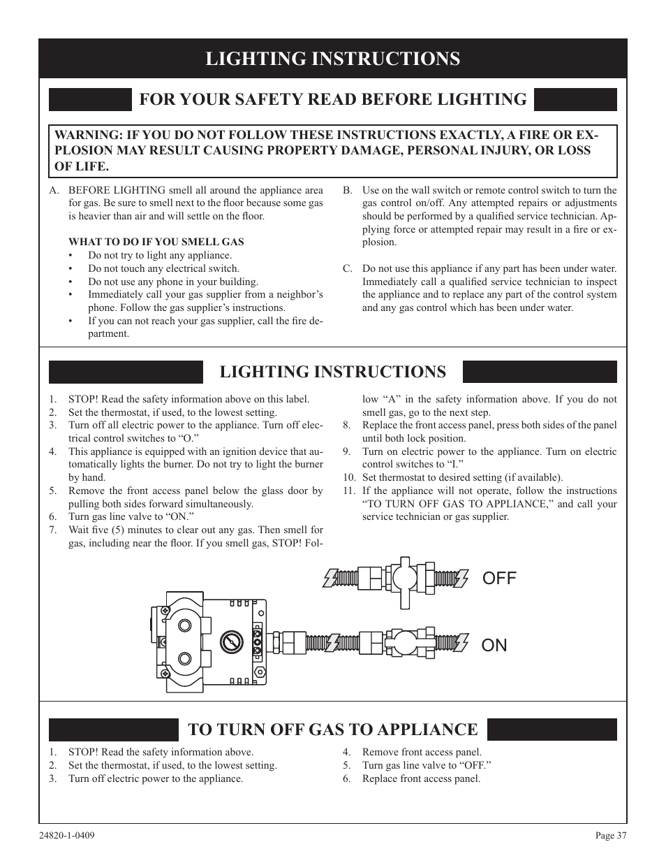 Lighting instructions, Off on, For your safety read before lighting | Empire Comfort Systems PV-28SV50-B User Manual | Page 37 / 56