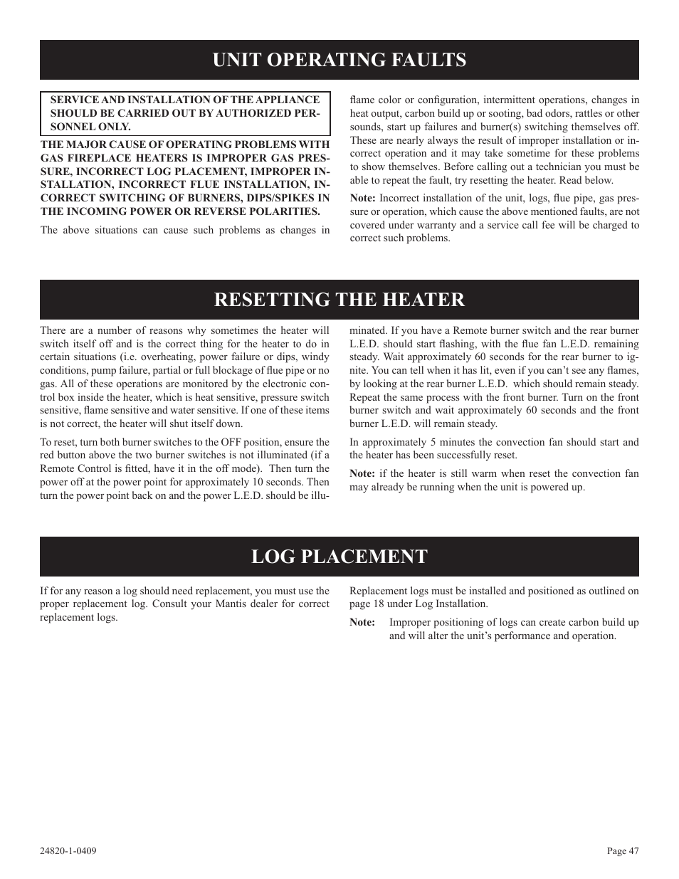 Unit operating faults, Resetting the heater, Log placement | Empire Comfort Systems PV-28SV50-B User Manual | Page 47 / 56