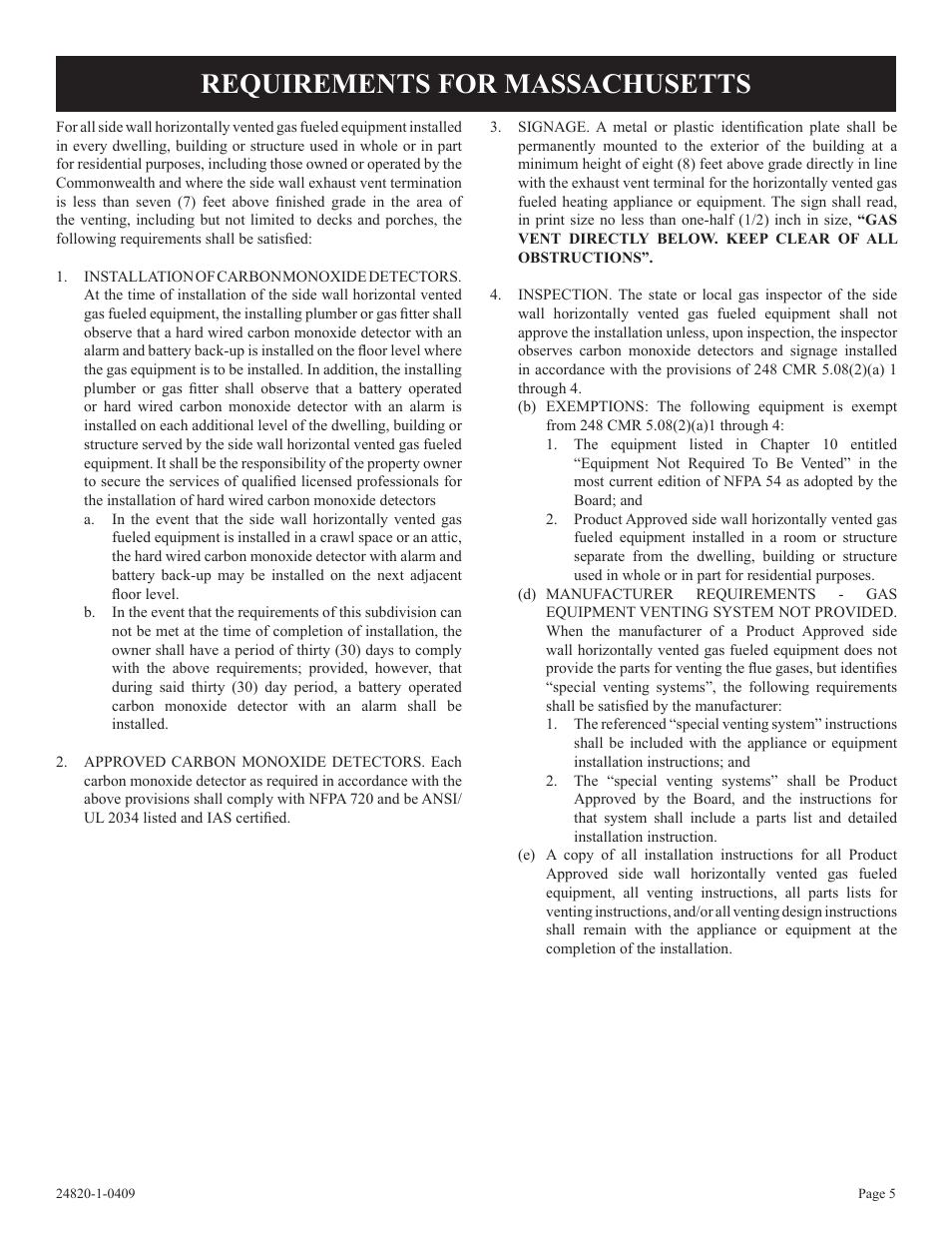 Requirements for massachusetts | Empire Comfort Systems PV-28SV50-B User Manual | Page 5 / 56
