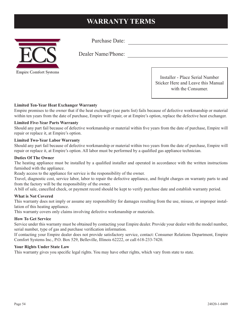 Warranty terms | Empire Comfort Systems PV-28SV50-B User Manual | Page 54 / 56