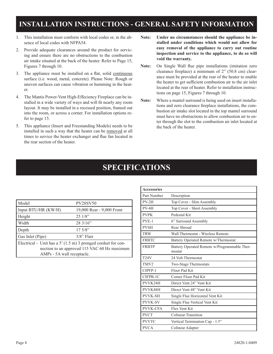 Specifications | Empire Comfort Systems PV-28SV50-B User Manual | Page 8 / 56