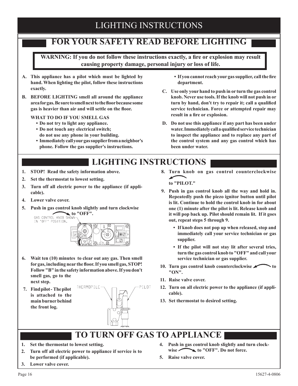 For your safety read before lighting, Lighting instructions | Empire Comfort Systems pmn User Manual | Page 16 / 28