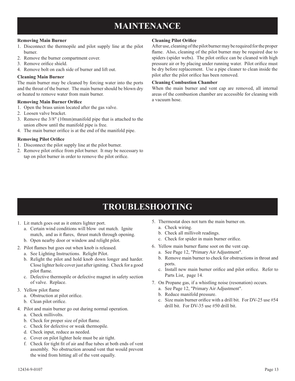 Maintenance troubleshooting | Empire Comfort Systems DV-35-2SG User Manual | Page 13 / 20