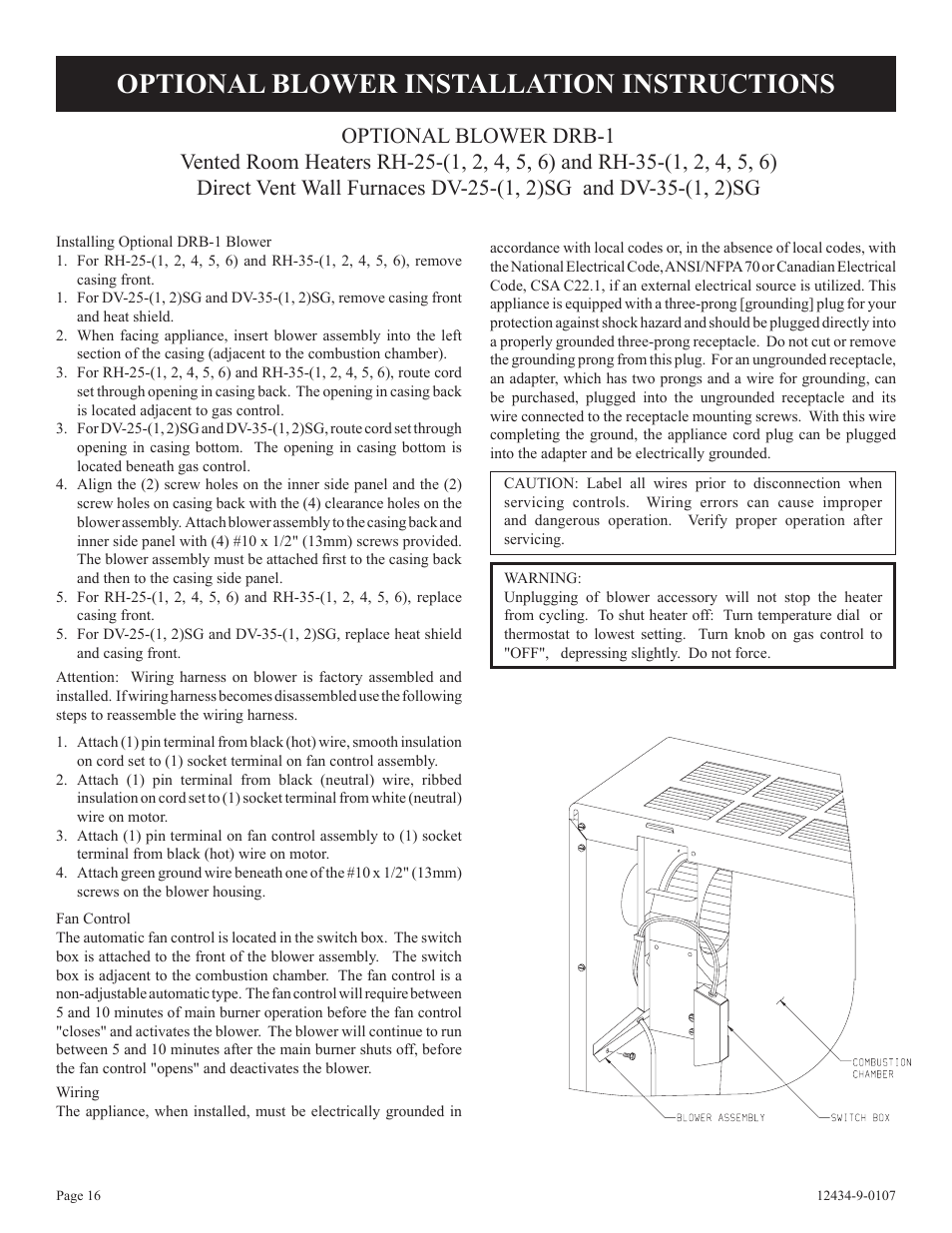 Optional blower installation instructions | Empire Comfort Systems DV-35-2SG User Manual | Page 16 / 20