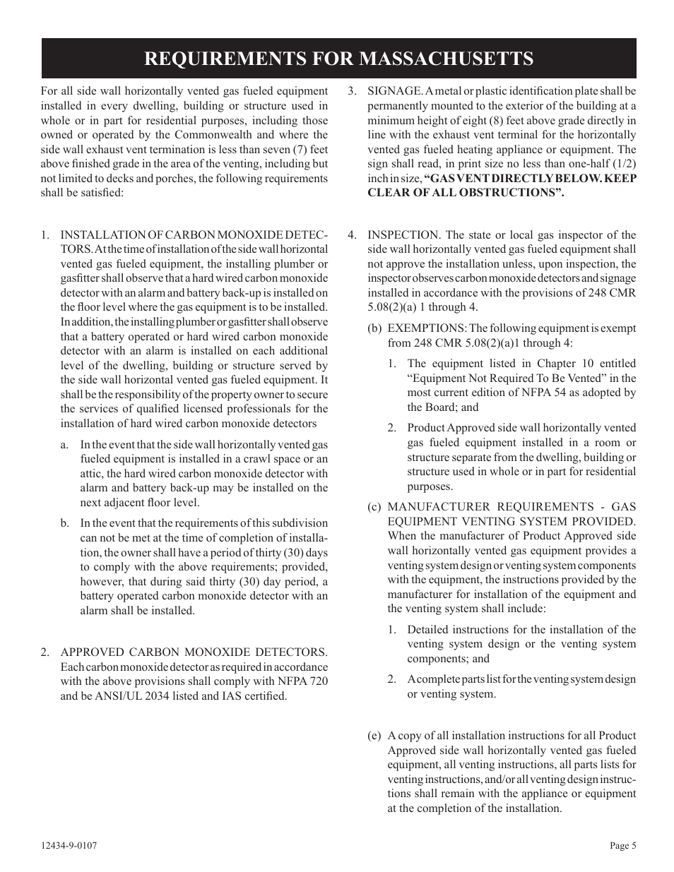 Requirements for massachusetts | Empire Comfort Systems DV-35-2SG User Manual | Page 5 / 20