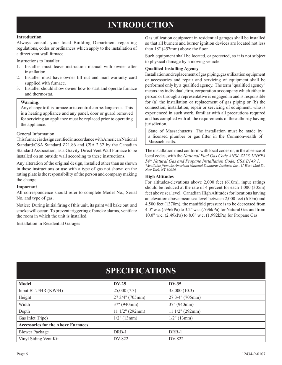 Introduction specifications | Empire Comfort Systems DV-35-2SG User Manual | Page 6 / 20