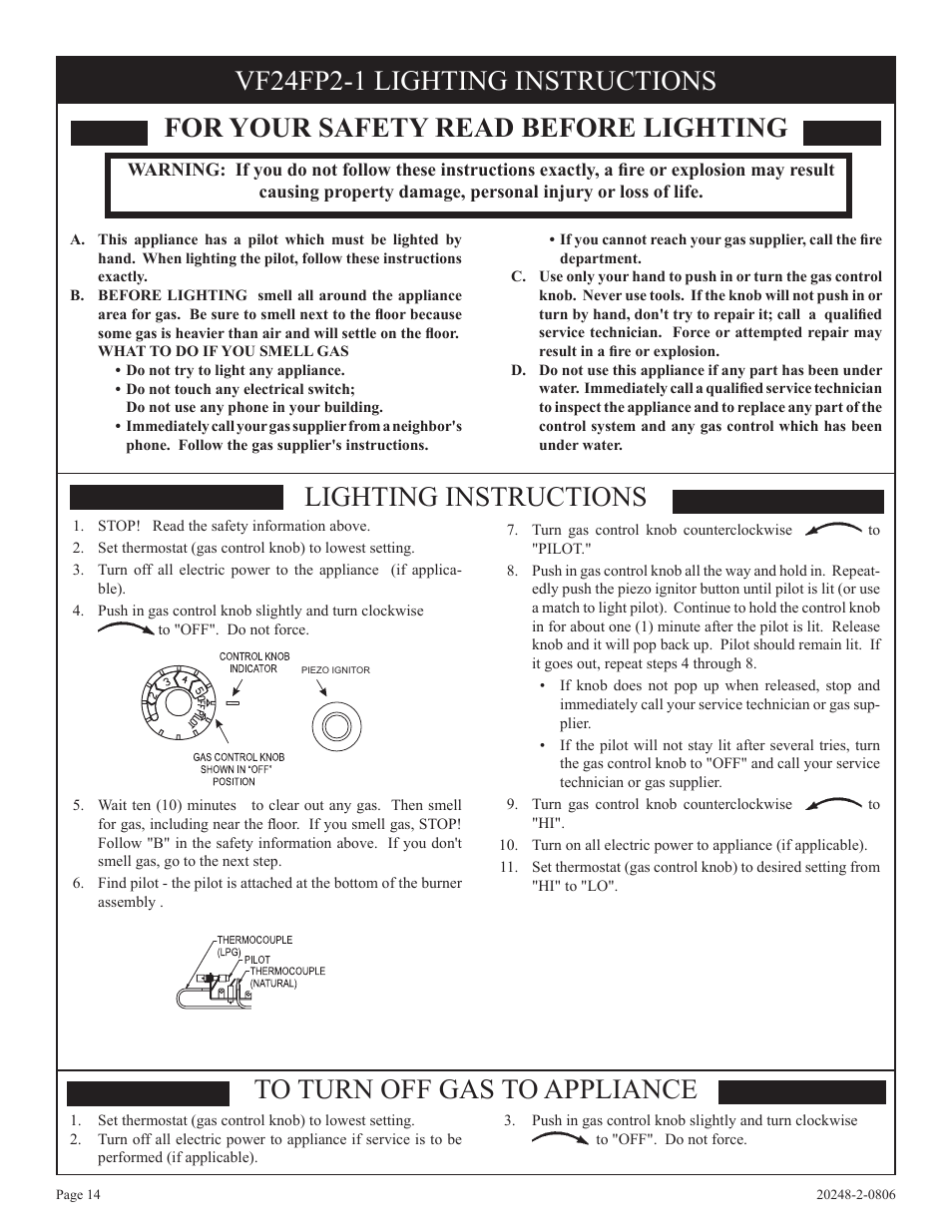 For your safety read before lighting, Lighting instructions, Vf24fp2-1 lighting instructions | Empire Comfort Systems VF24FP3-1 User Manual | Page 14 / 28