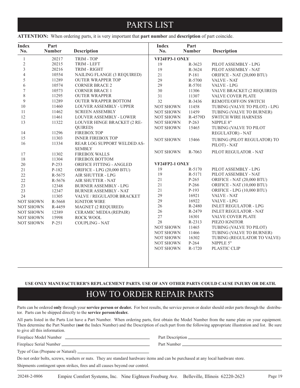 Parts list how to order repair parts | Empire Comfort Systems VF24FP3-1 User Manual | Page 19 / 28