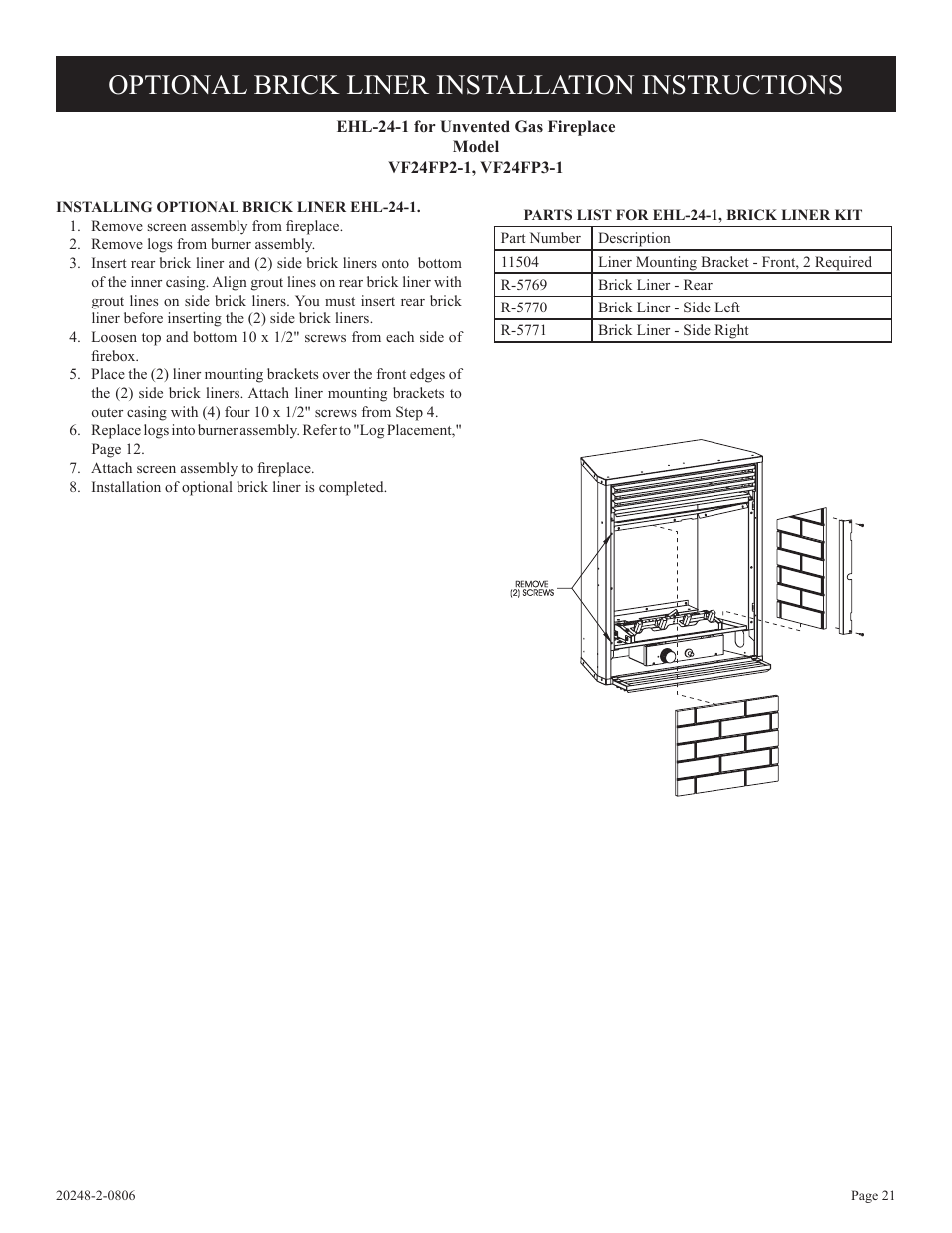 Optional brick liner installation instructions | Empire Comfort Systems VF24FP3-1 User Manual | Page 21 / 28