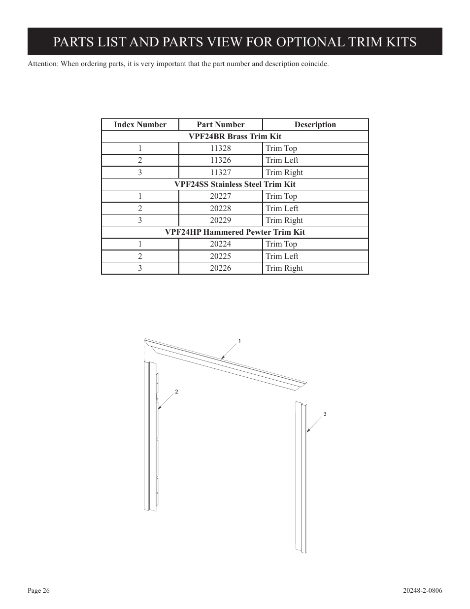Parts list and parts view for optional trim kits | Empire Comfort Systems VF24FP3-1 User Manual | Page 26 / 28