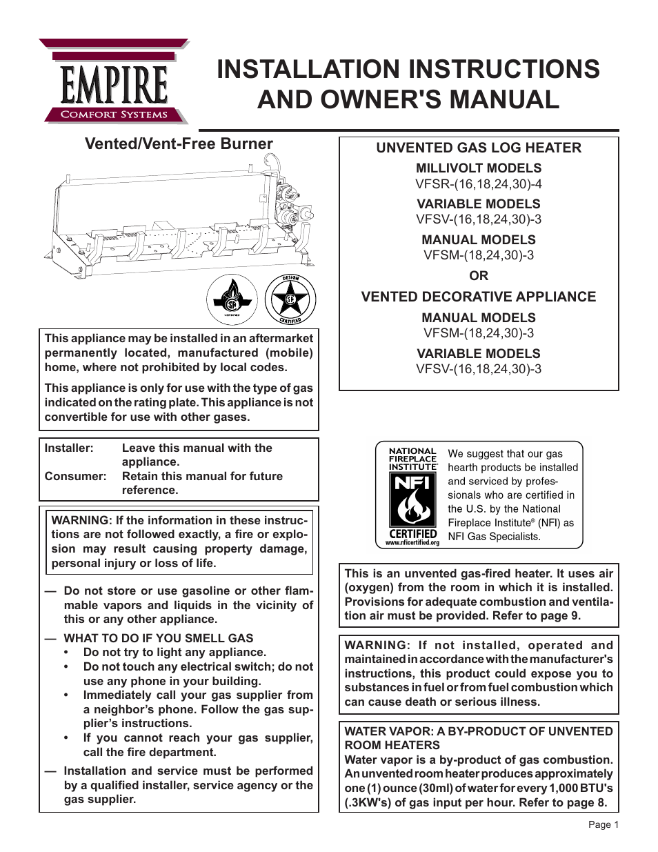 Empire Comfort Systems VFSR-24-3 User Manual | 28 pages