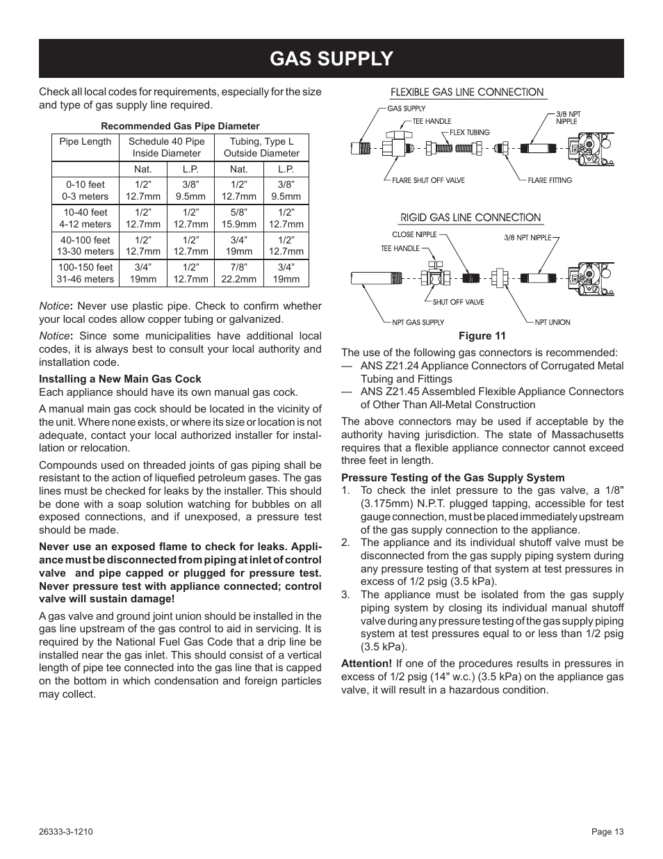 Gas supply | Empire Comfort Systems VFSR-24-3 User Manual | Page 13 / 28