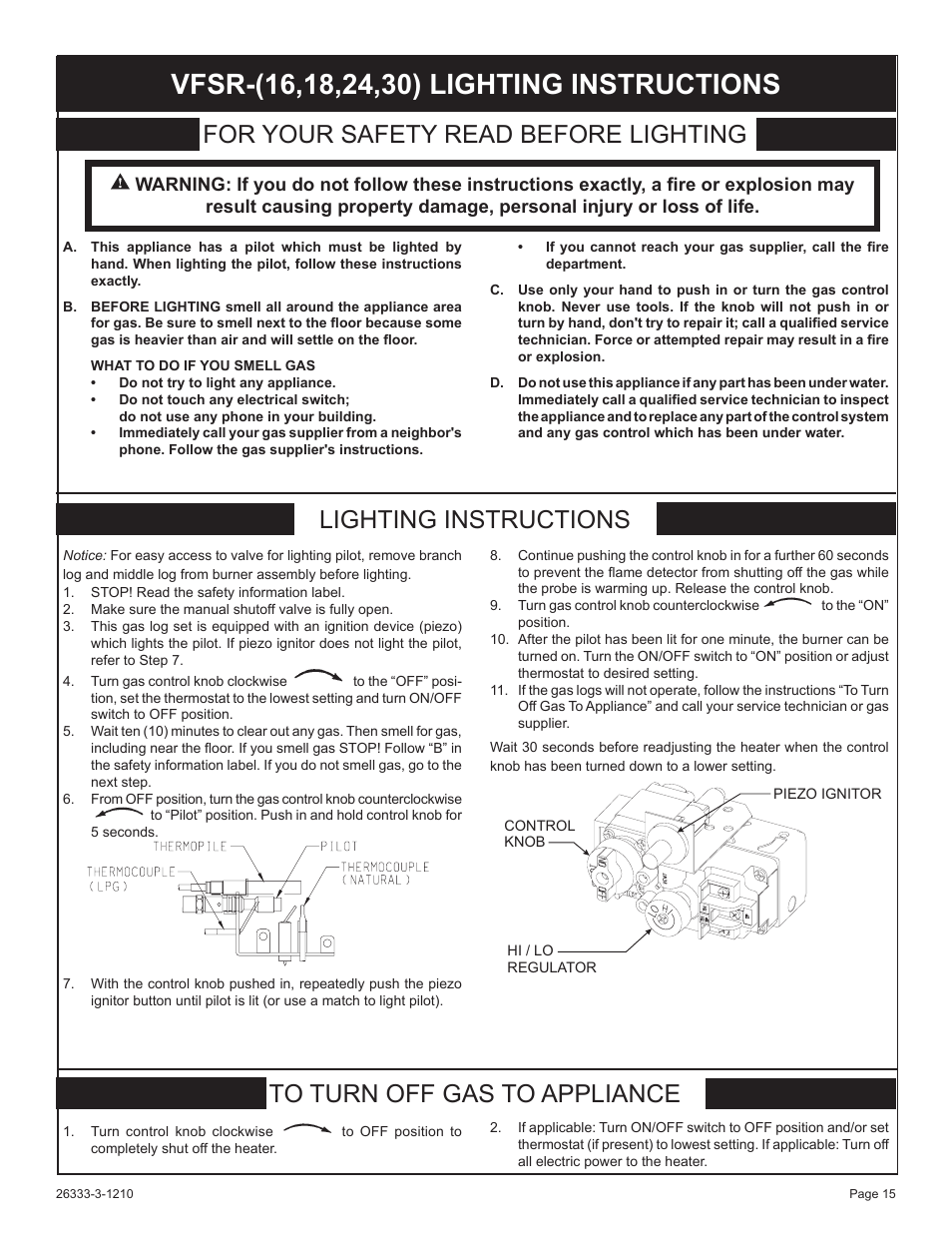 For your safety read before lighting, Lighting instructions to turn off gas to appliance | Empire Comfort Systems VFSR-24-3 User Manual | Page 15 / 28