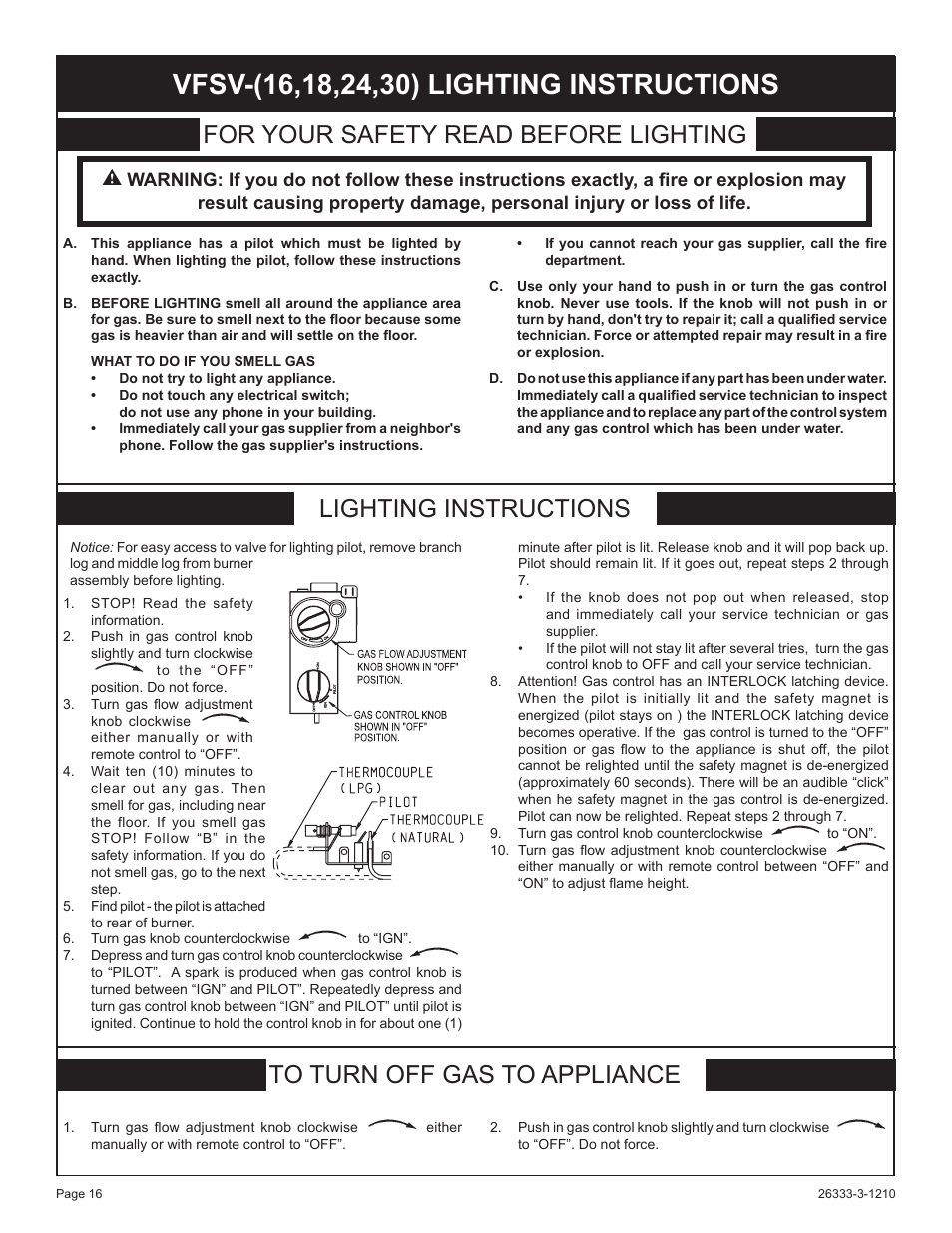 For your safety read before lighting, Lighting instructions to turn off gas to appliance | Empire Comfort Systems VFSR-24-3 User Manual | Page 16 / 28
