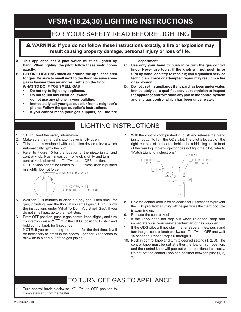 For your safety read before lighting, Lighting instructions to turn off gas to appliance | Empire Comfort Systems VFSR-24-3 User Manual | Page 17 / 28