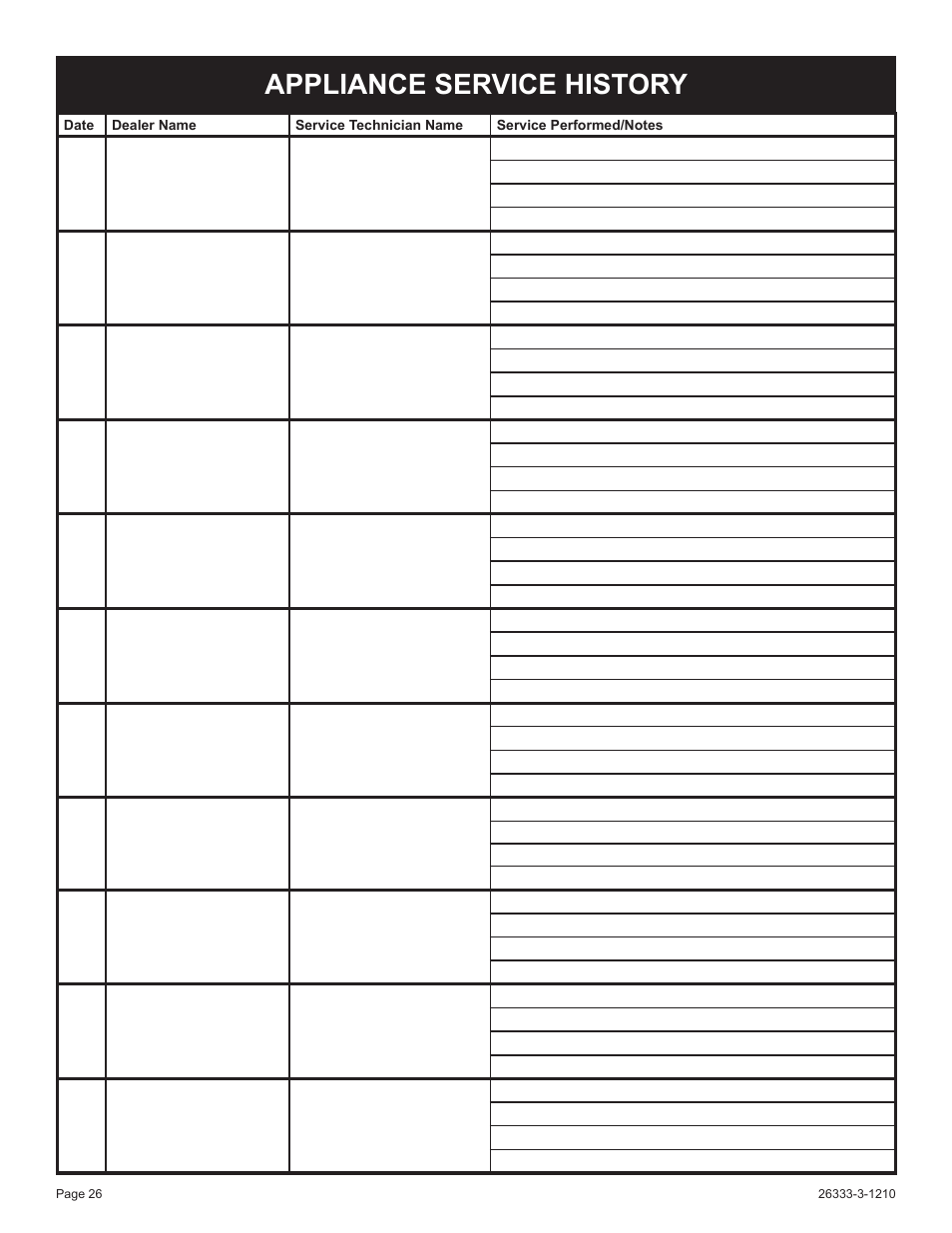 Appliance service history | Empire Comfort Systems VFSR-24-3 User Manual | Page 26 / 28