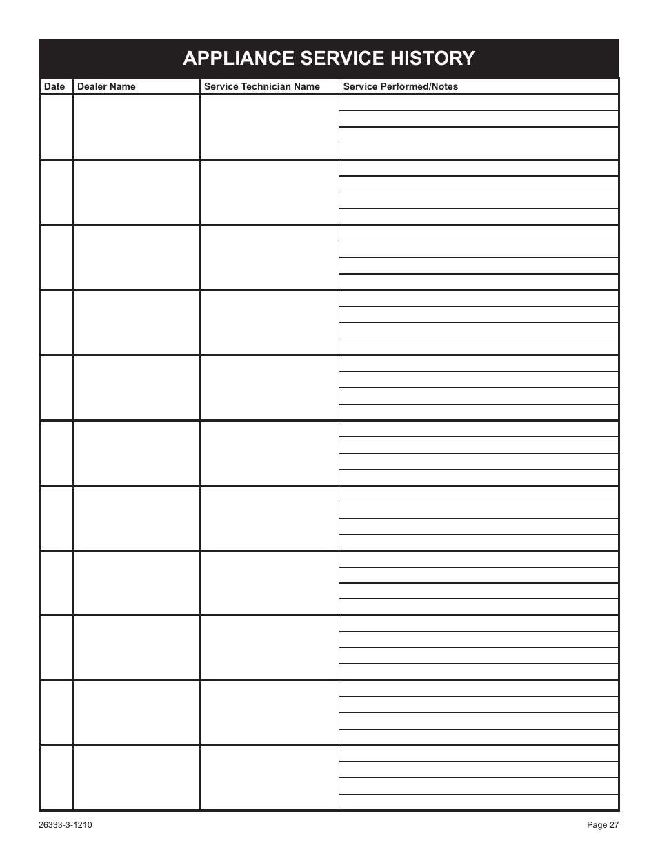 Appliance service history | Empire Comfort Systems VFSR-24-3 User Manual | Page 27 / 28