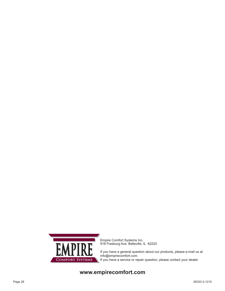 Empire | Empire Comfort Systems VFSR-24-3 User Manual | Page 28 / 28