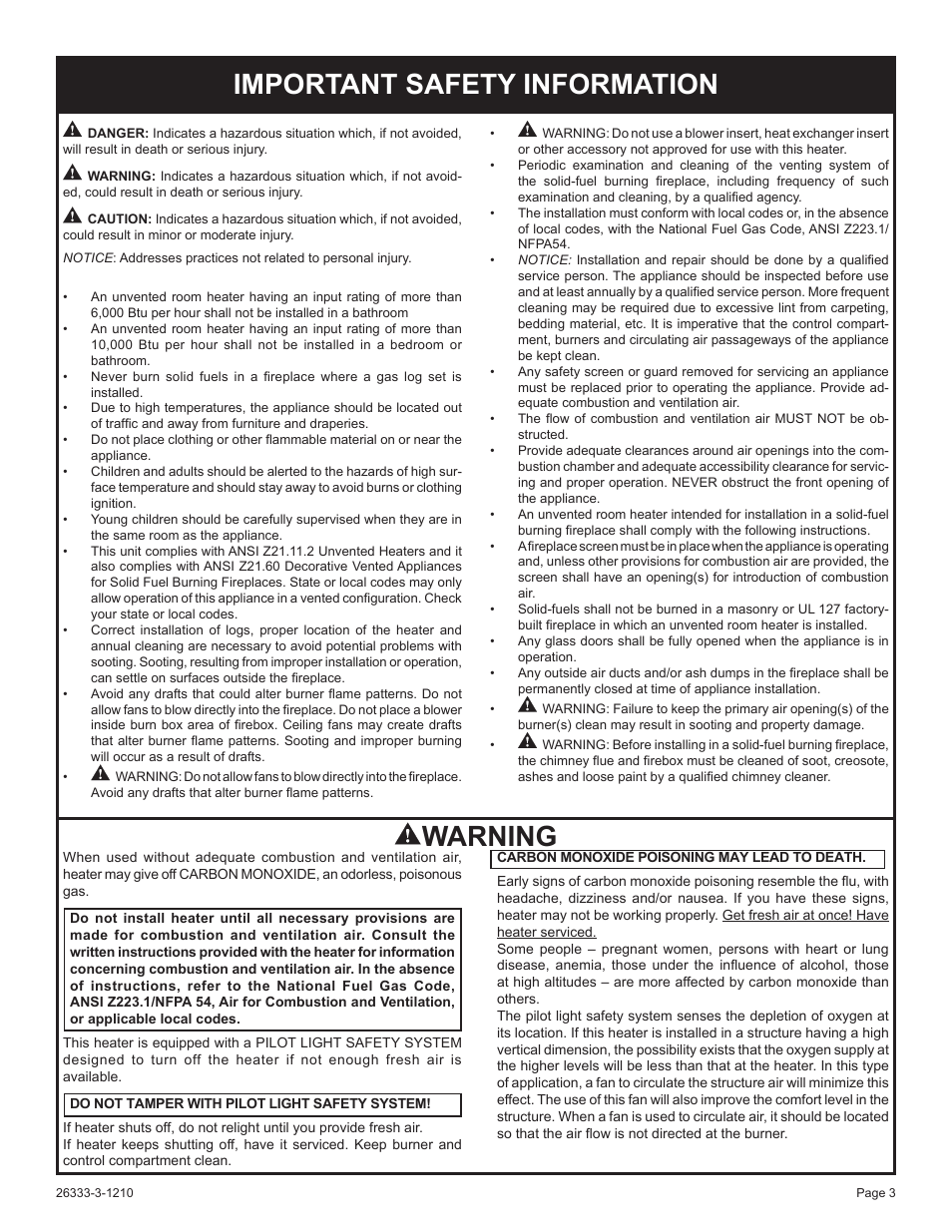 Important safety information warning | Empire Comfort Systems VFSR-24-3 User Manual | Page 3 / 28