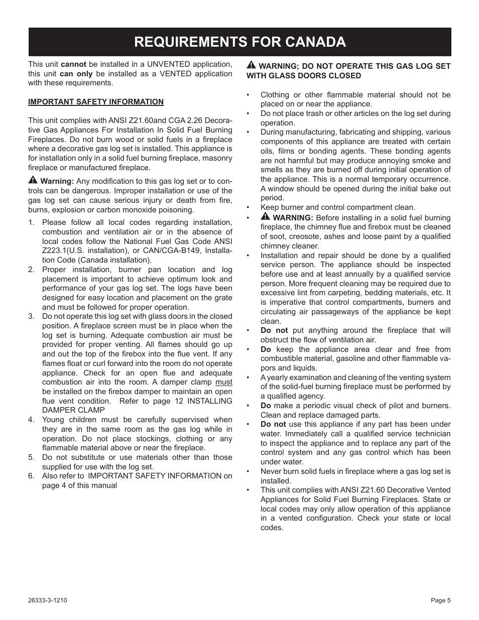 Requirements for canada | Empire Comfort Systems VFSR-24-3 User Manual | Page 5 / 28