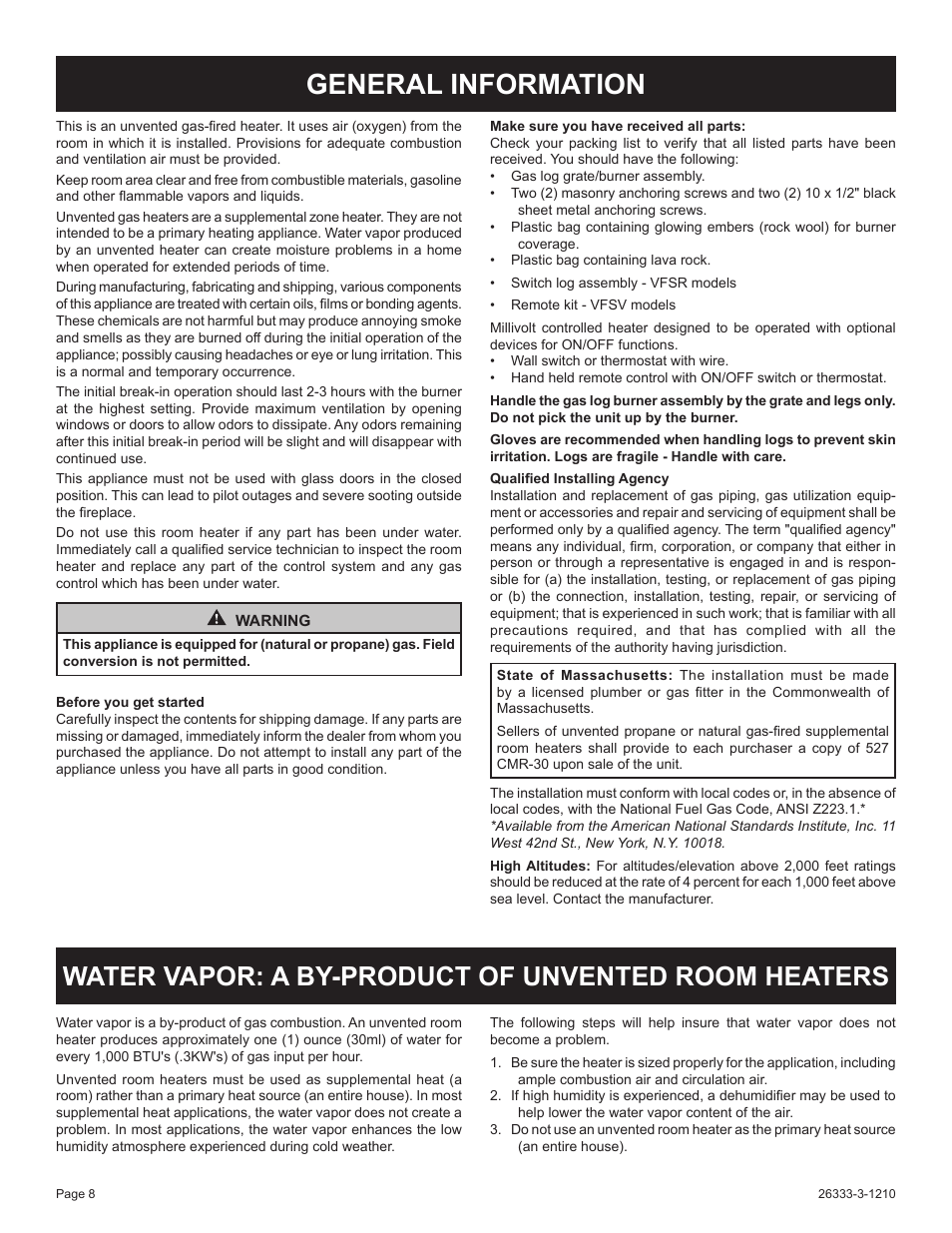 General information, Water vapor: a by-product of unvented room heaters | Empire Comfort Systems VFSR-24-3 User Manual | Page 8 / 28
