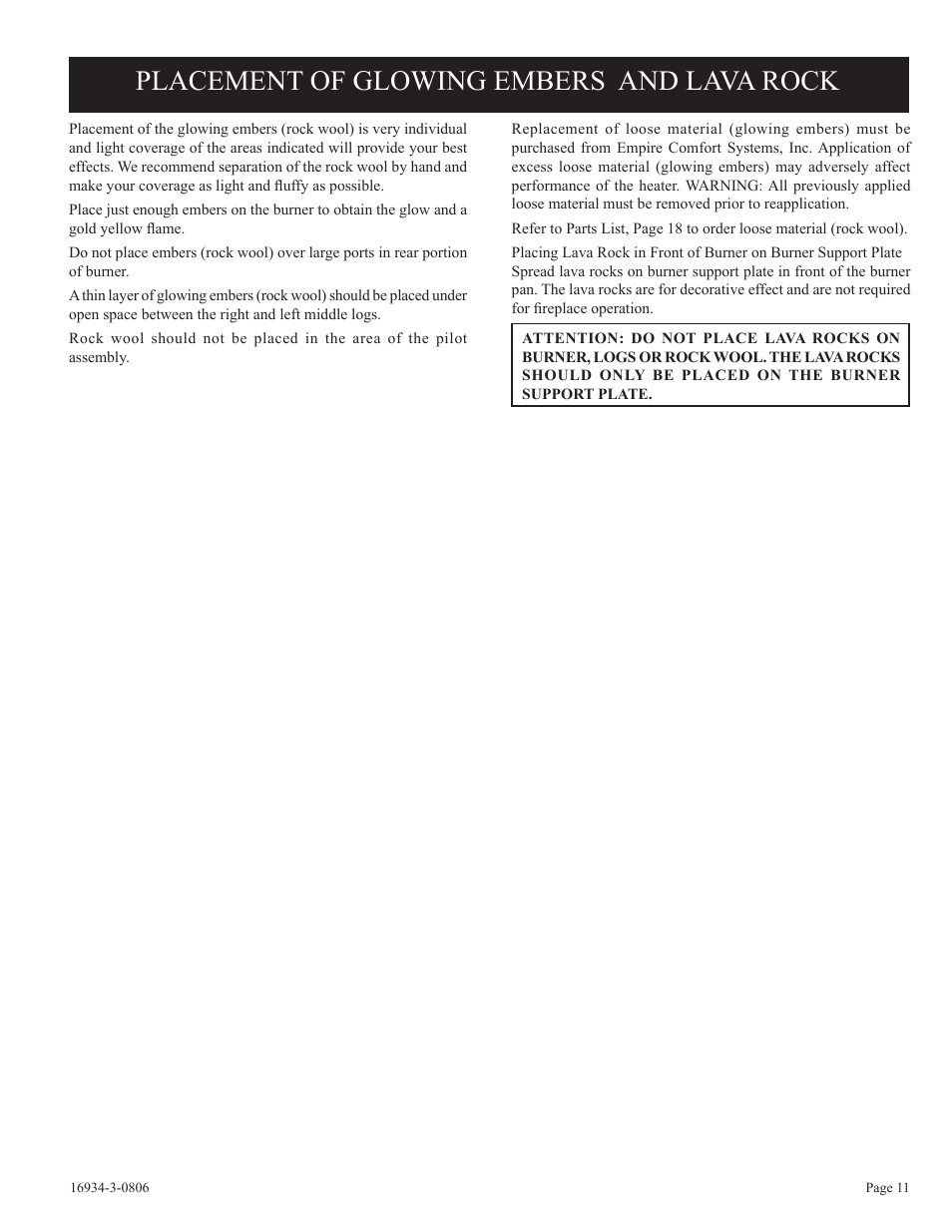 Placement of glowing embers and lava rock | Empire Comfort Systems CHBR-16-3 User Manual | Page 11 / 20