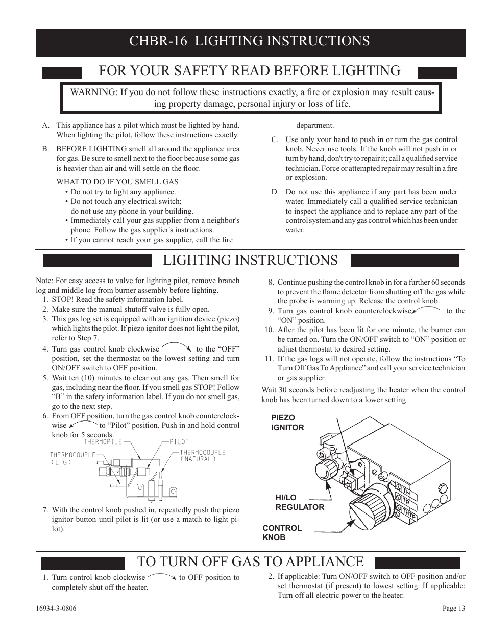 For your safety read before lighting, Lighting instructions to turn off gas to appliance, Chbr-16 lighting instructions | Empire Comfort Systems CHBR-16-3 User Manual | Page 13 / 20