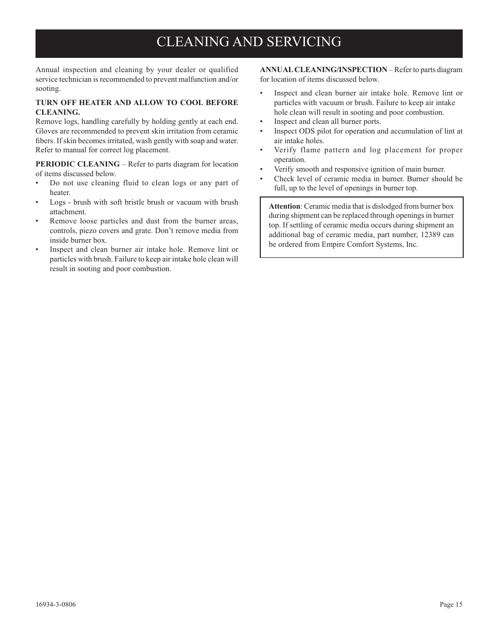 Cleaning and servicing | Empire Comfort Systems CHBR-16-3 User Manual | Page 15 / 20