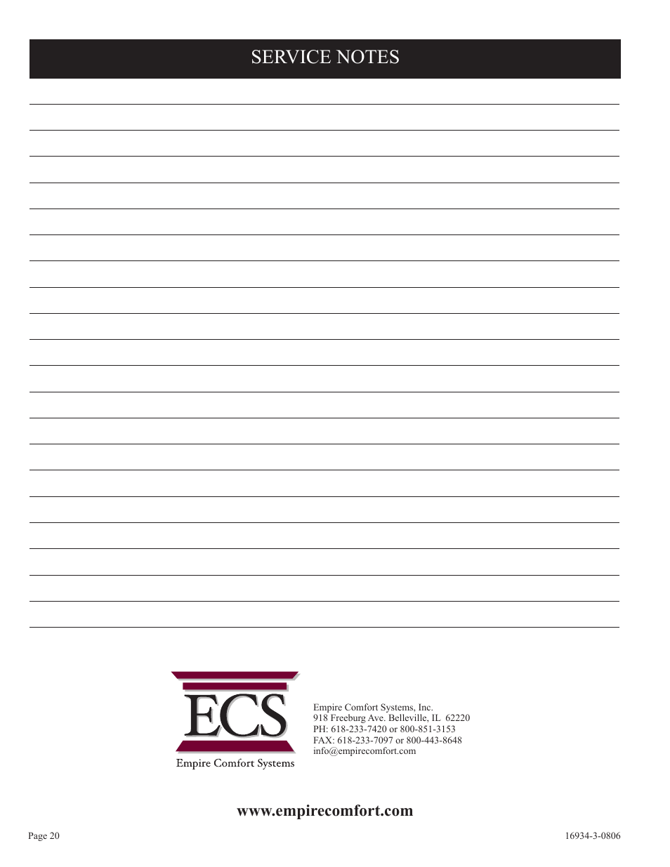 Empire Comfort Systems CHBR-16-3 User Manual | Page 20 / 20