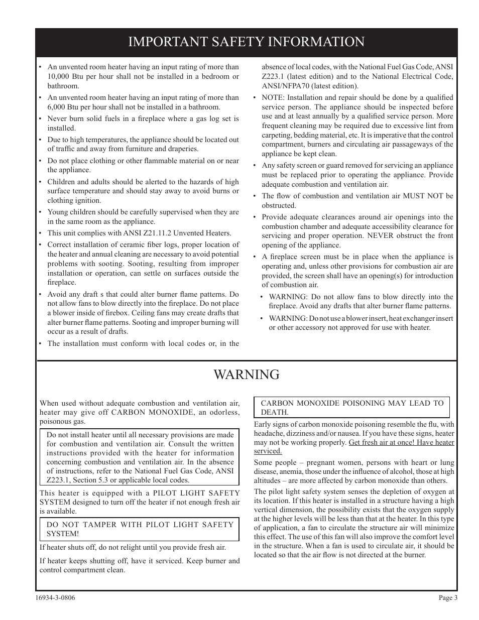Important safety information warning | Empire Comfort Systems CHBR-16-3 User Manual | Page 3 / 20