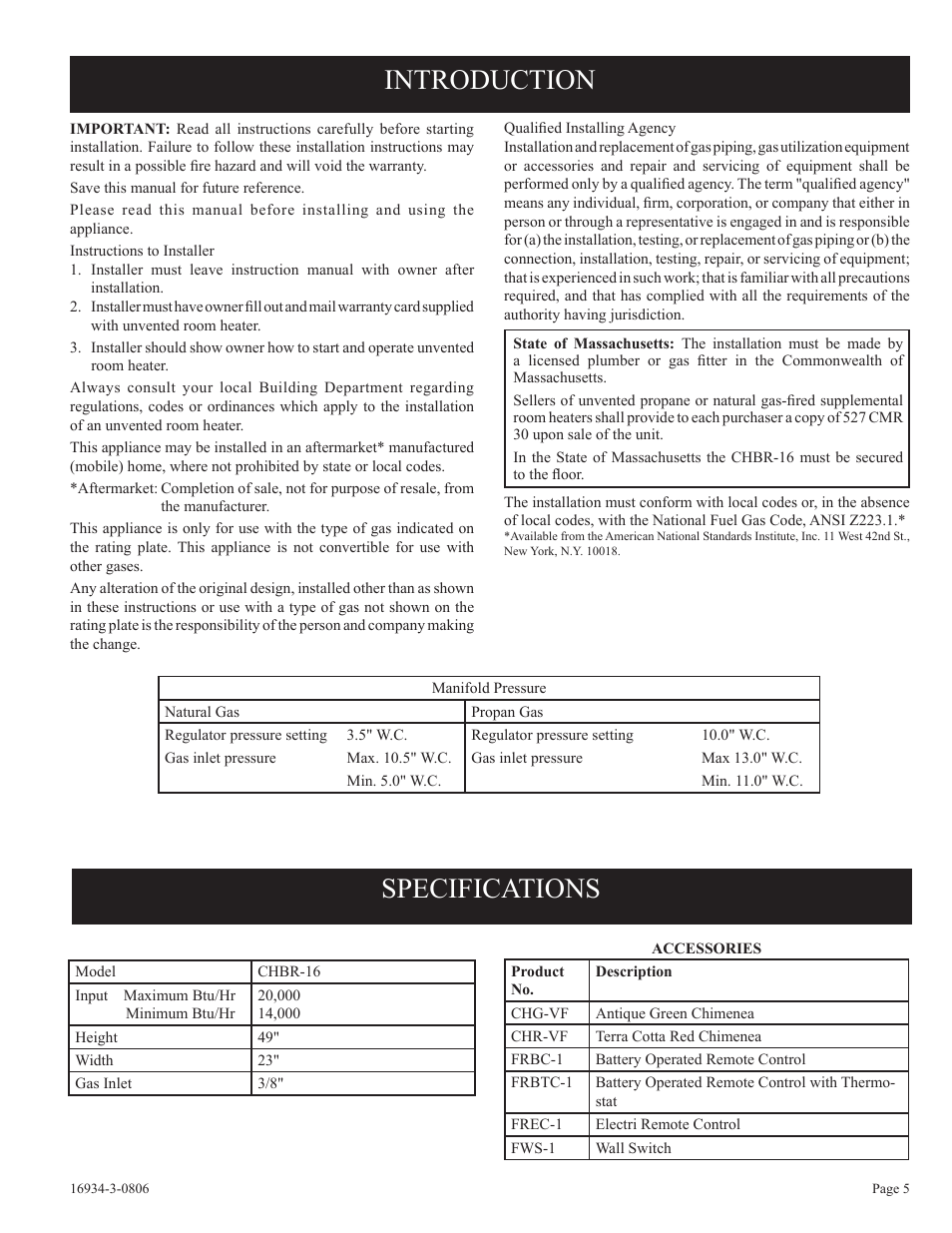 Introduction specifications | Empire Comfort Systems CHBR-16-3 User Manual | Page 5 / 20